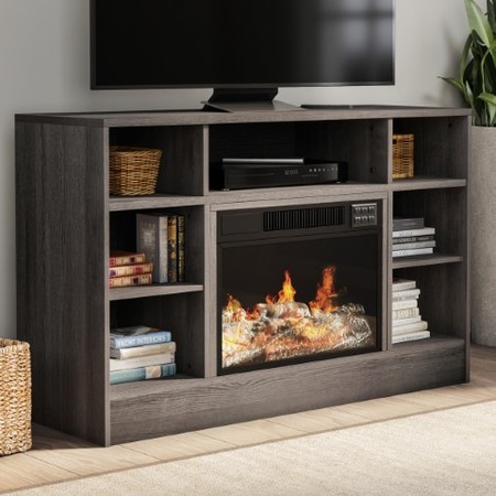 HASTINGS HOME Electric Fireplace 47-inch Console TV Stand with Shelves, Remote Control and LED Flames (Gray) 201106LYY